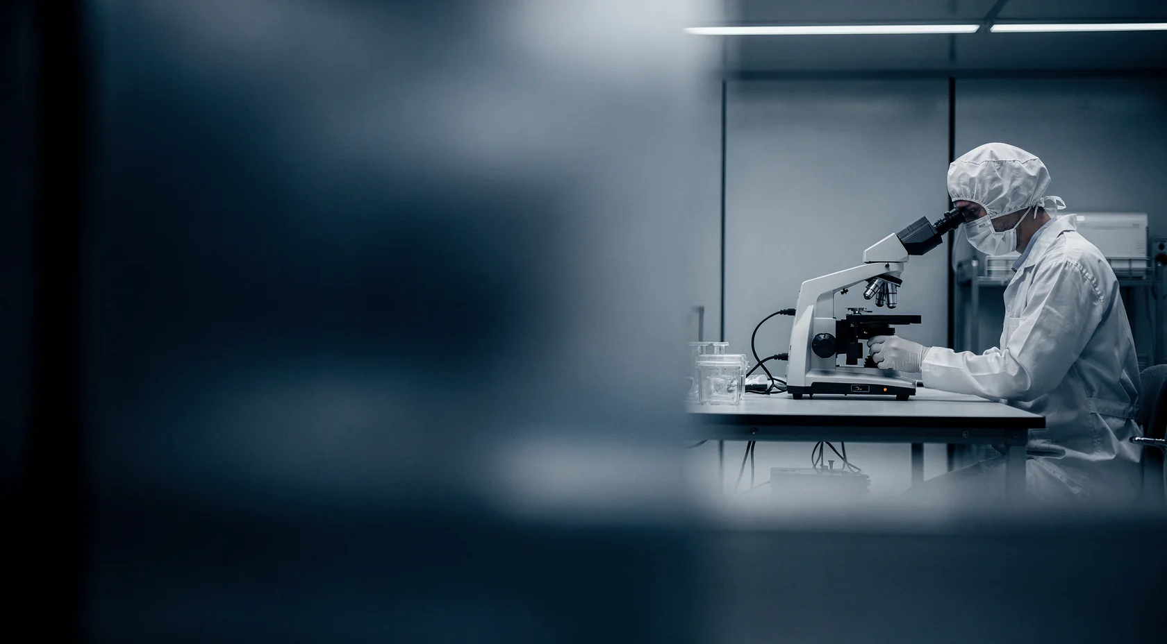 A Baird Medical researcher in cleanroom gown and mask working at a microscope