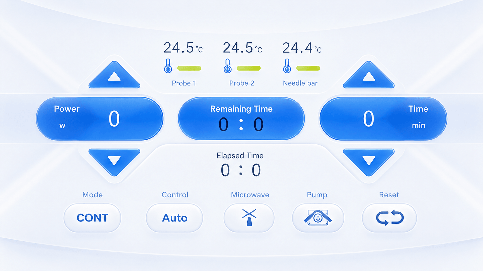 BD-GT operating display showing power, time, mode, pump status, and temperature values
