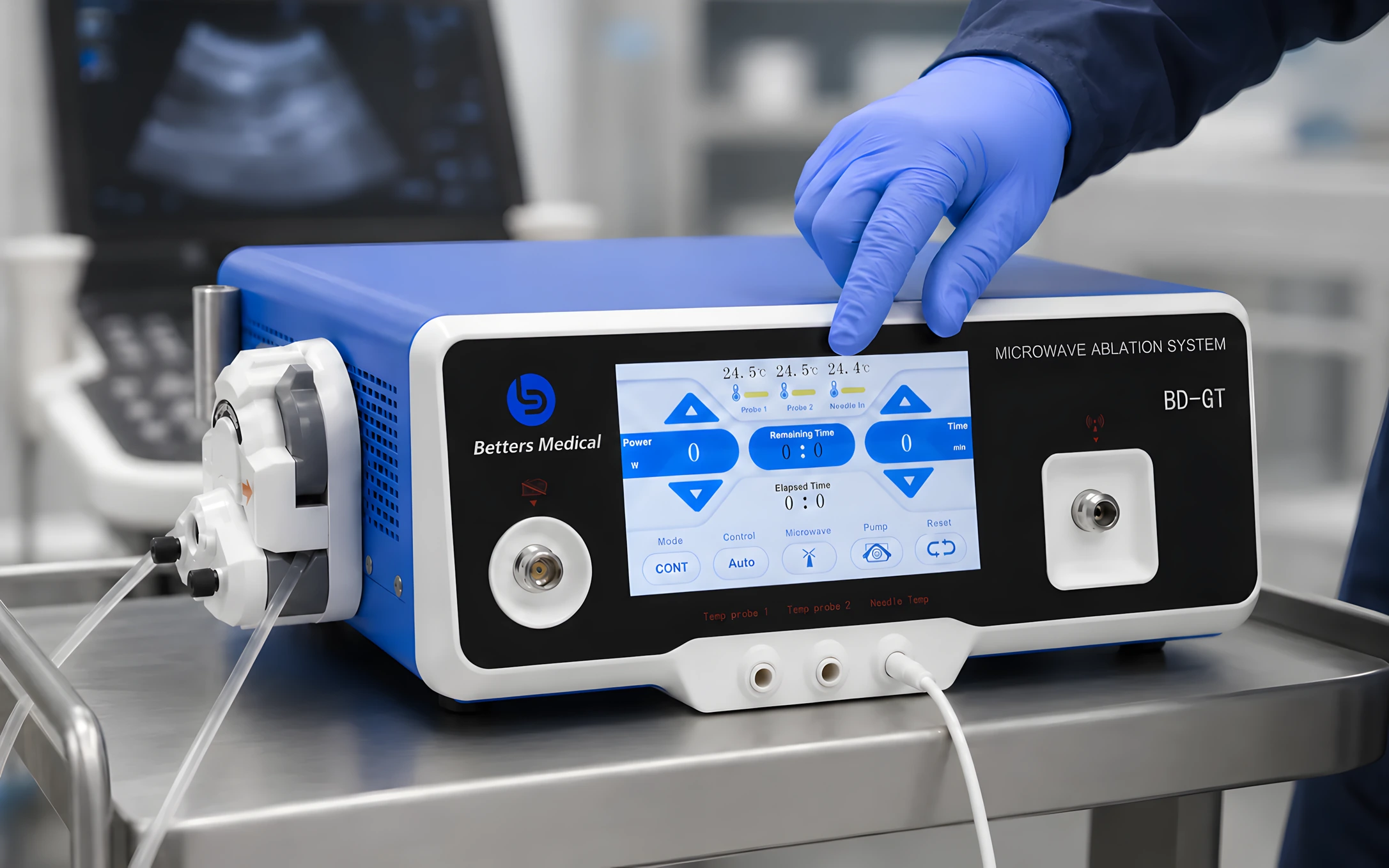 Clinician adjusting the Baird Medical BD-GT microwave ablation system during use