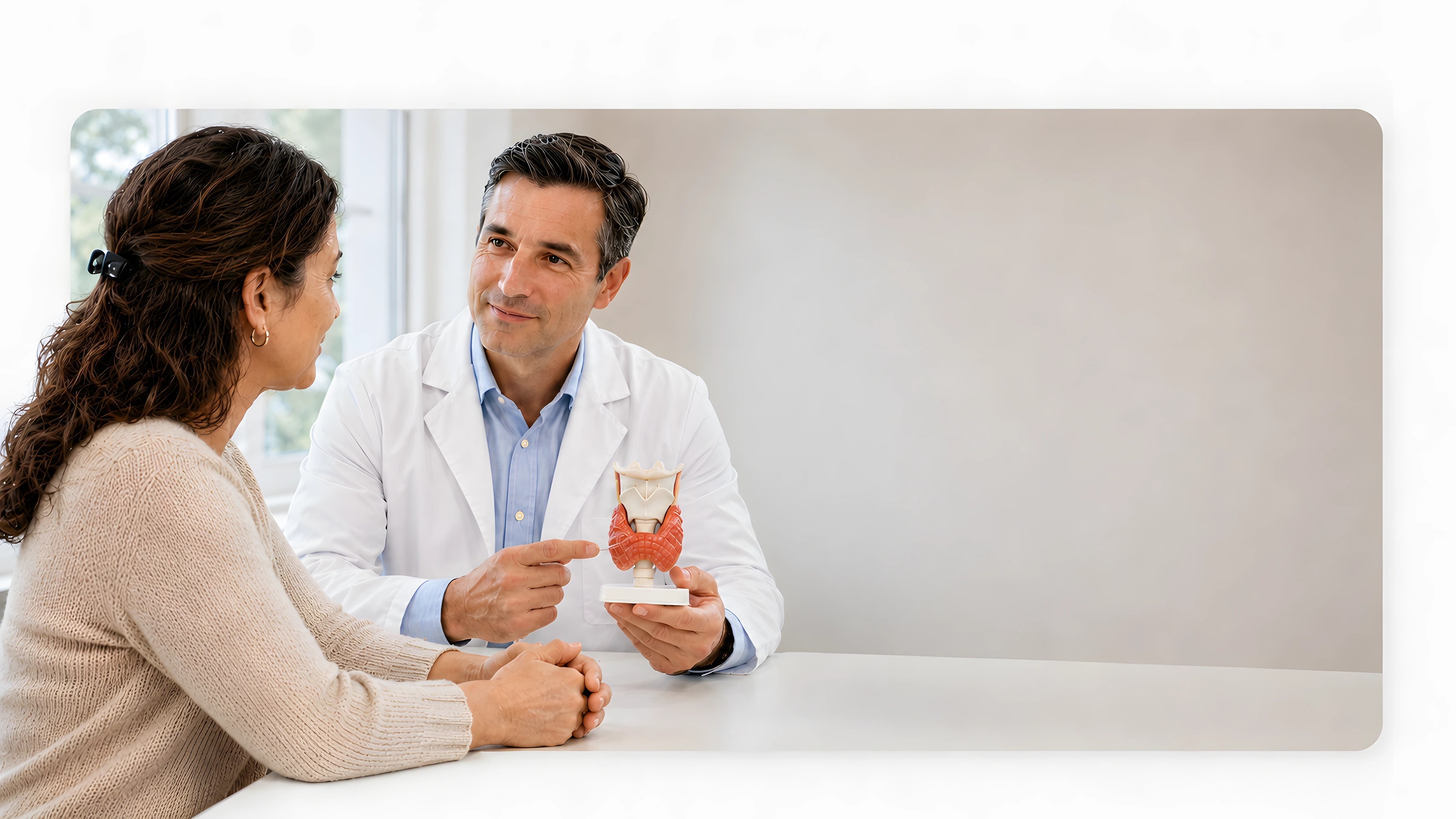 A physician discussing thyroid nodule care options with a patient, using an anatomical thyroid model