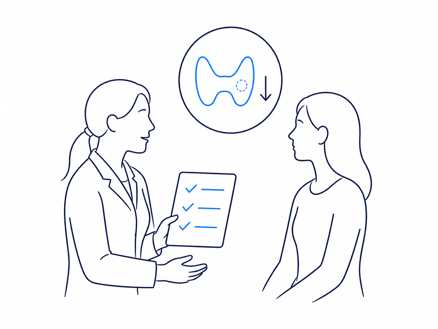 Illustration of a follow-up visit discussing the nodule shrinking over time