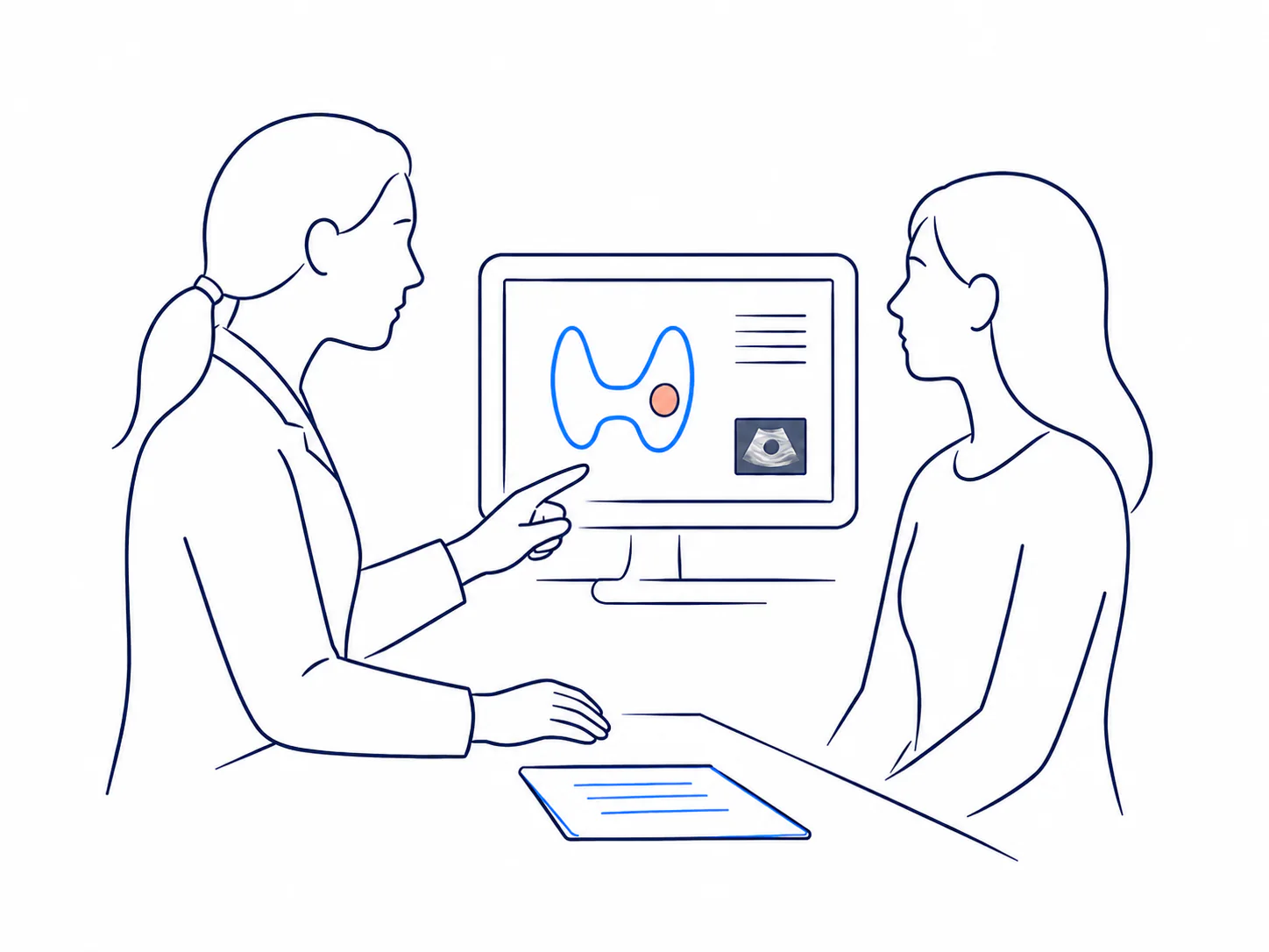 Illustration of a doctor and patient reviewing thyroid imaging before the procedure