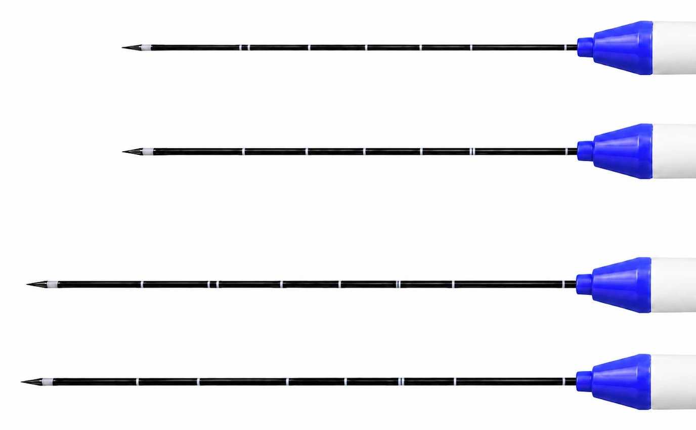 The four Baird MWA needle configurations shown together, in two shaft diameters and two working lengths