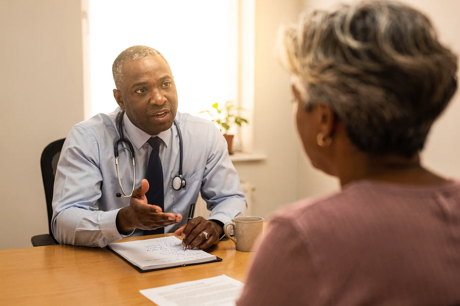A physician and patient in a calm discussion about thyroid nodule care options