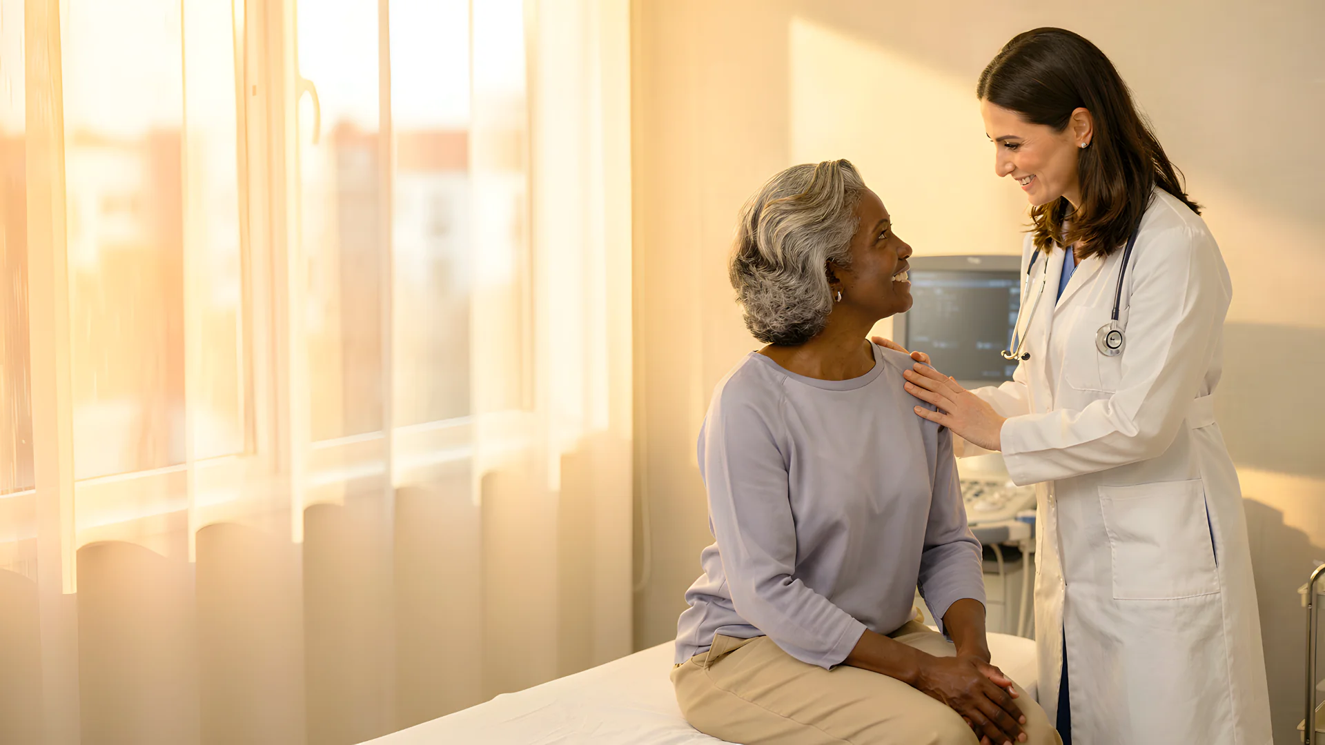 An older patient and her physician in calm conversation in a sunlit exam room