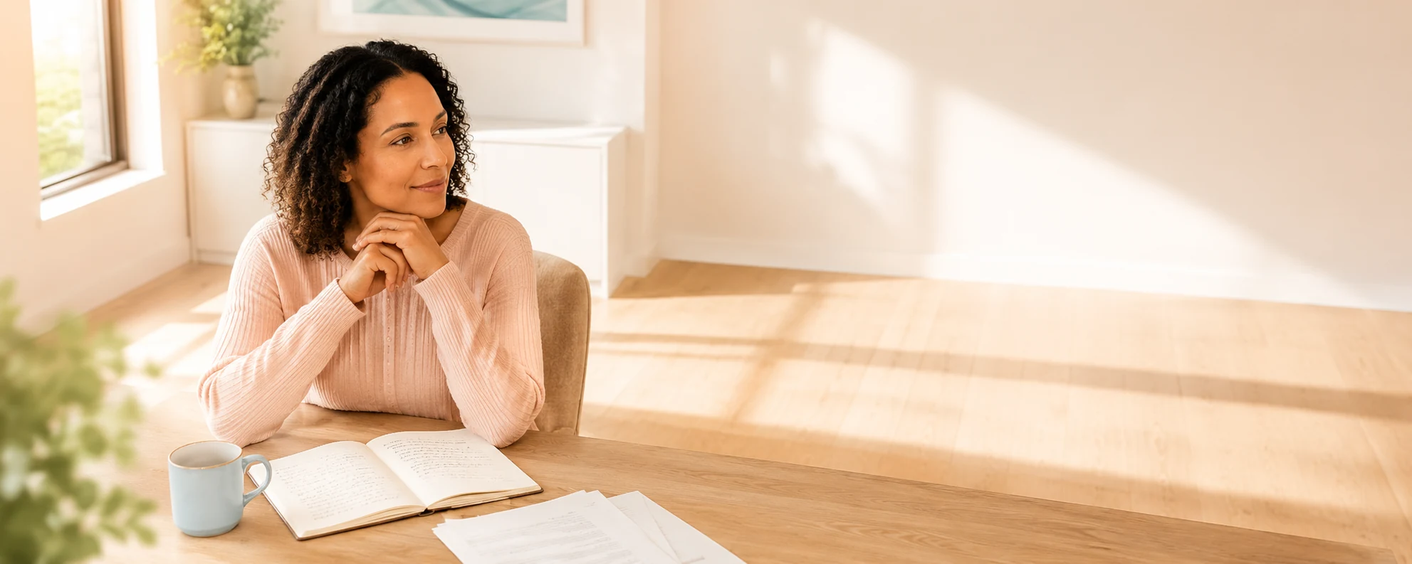 A woman sits at a sunlit table with an open notebook, preparing for a visit with her physician