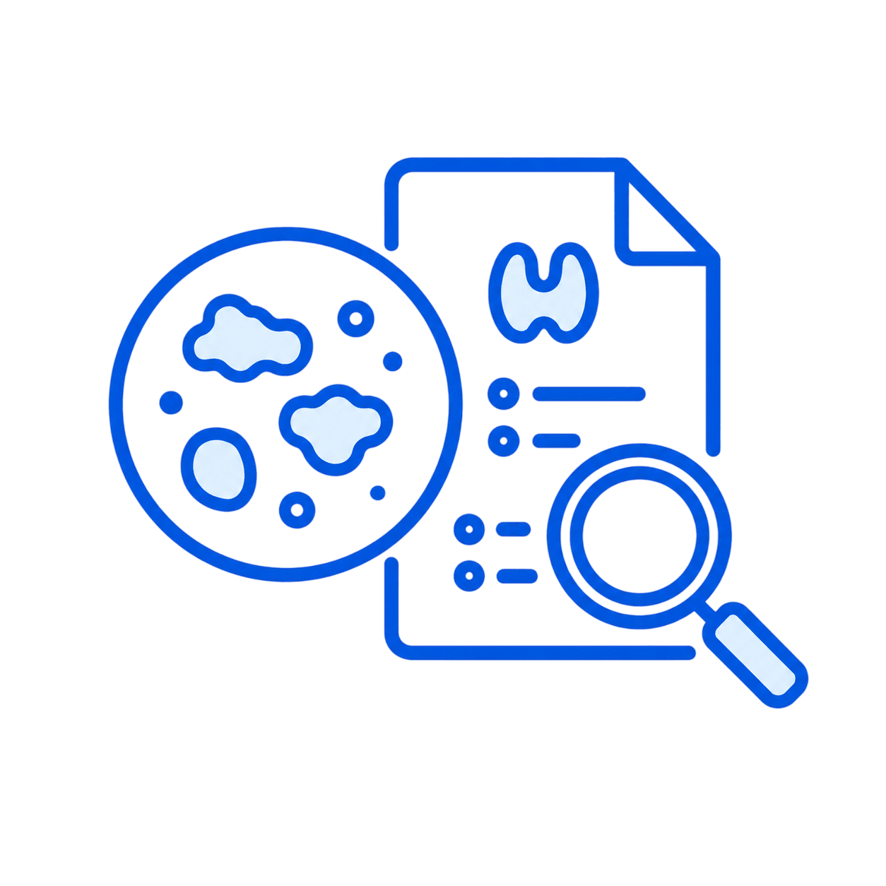 Line illustration of cells under a magnifier beside a review document