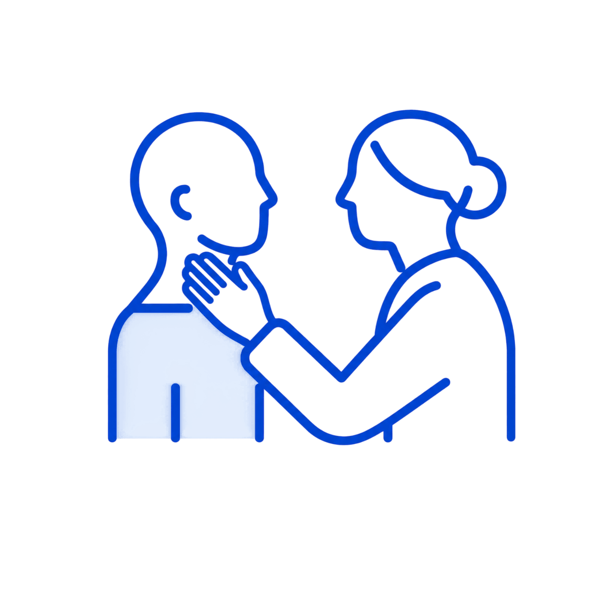 Line illustration of a clinician gently examining a patient's neck
