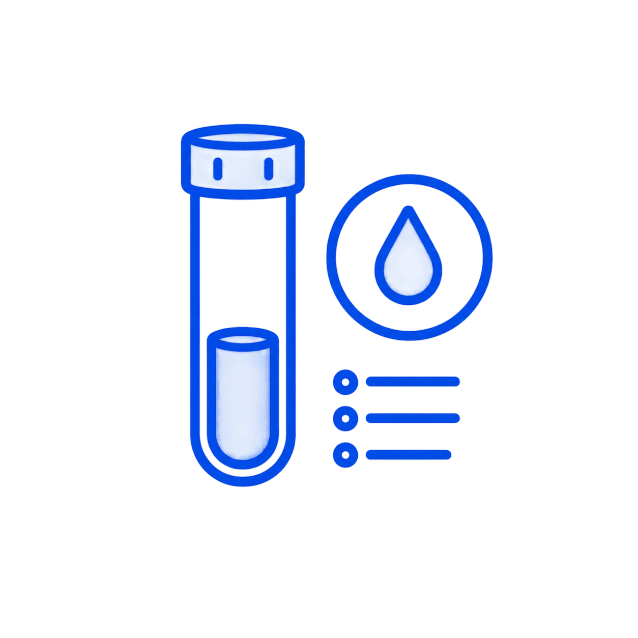 Line illustration of a blood sample tube beside a single drop