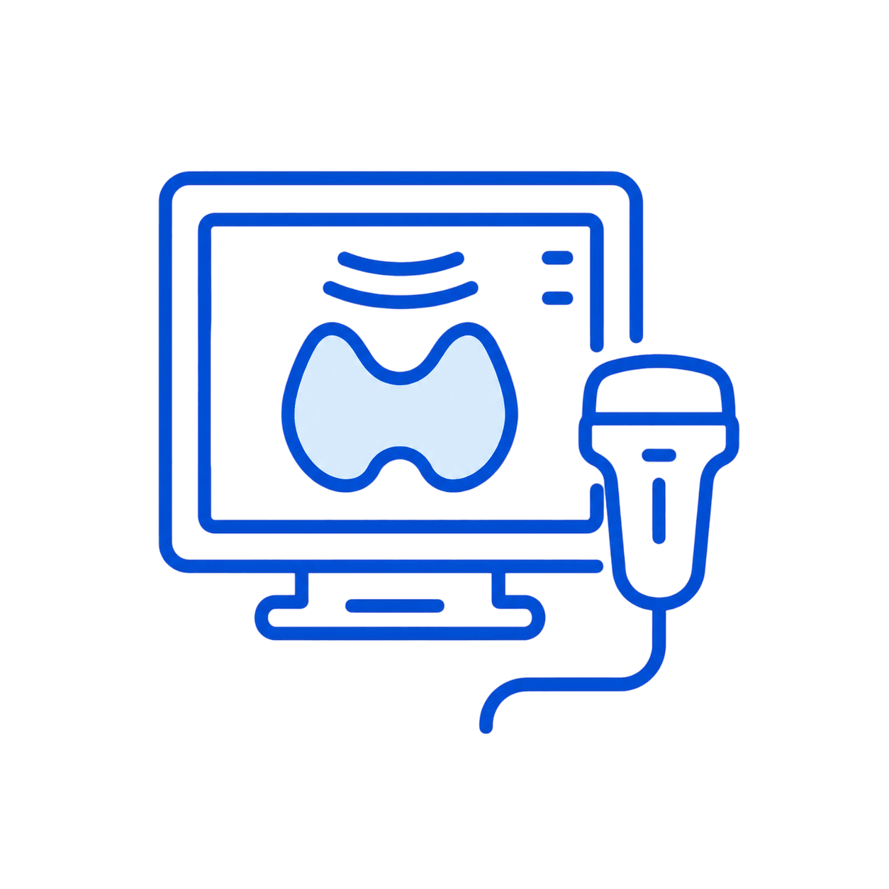Line illustration of an ultrasound monitor showing a thyroid, with a handheld probe