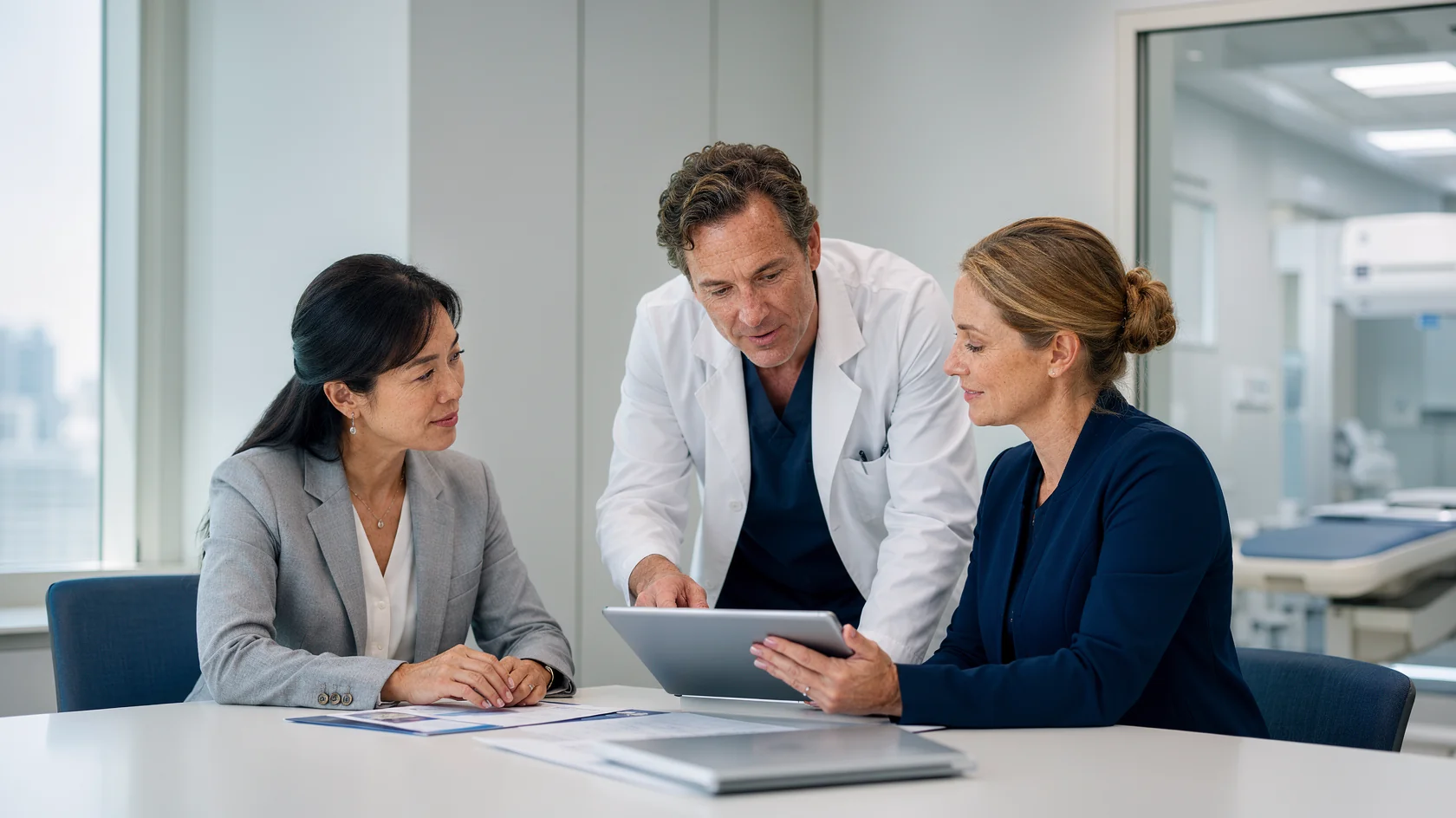 A physician reviewing thyroid MWA program materials on a tablet with two colleagues at a conference table
