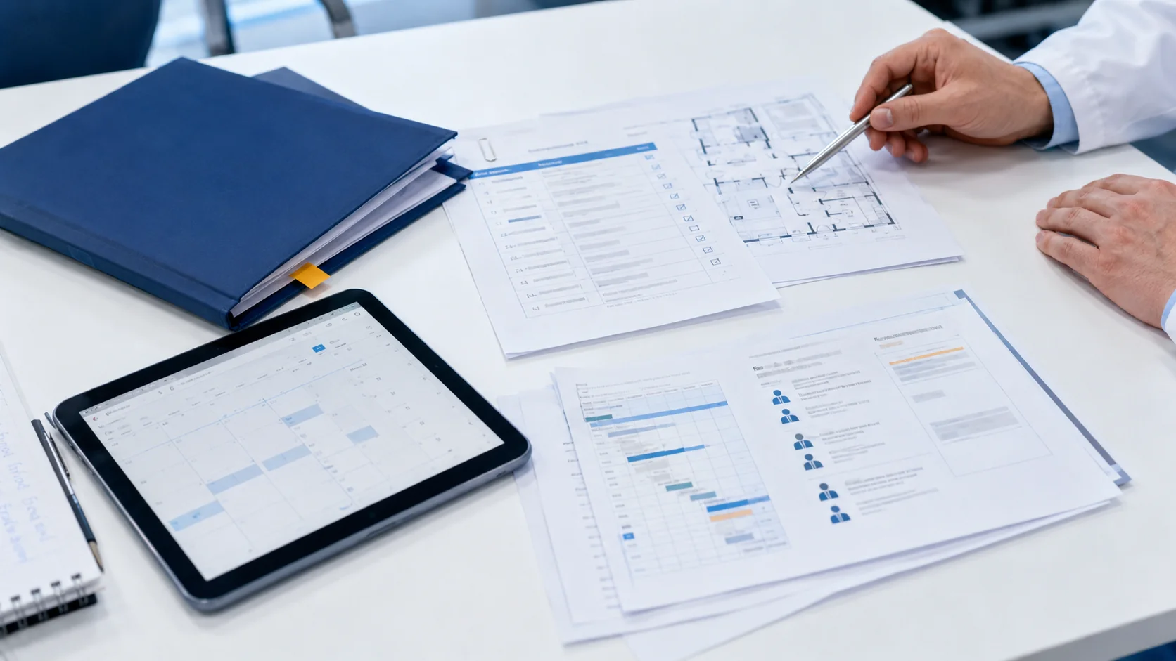 A clinician reviewing thyroid MWA program-planning documents — a readiness checklist, a room layout, and a schedule — on a tabletop