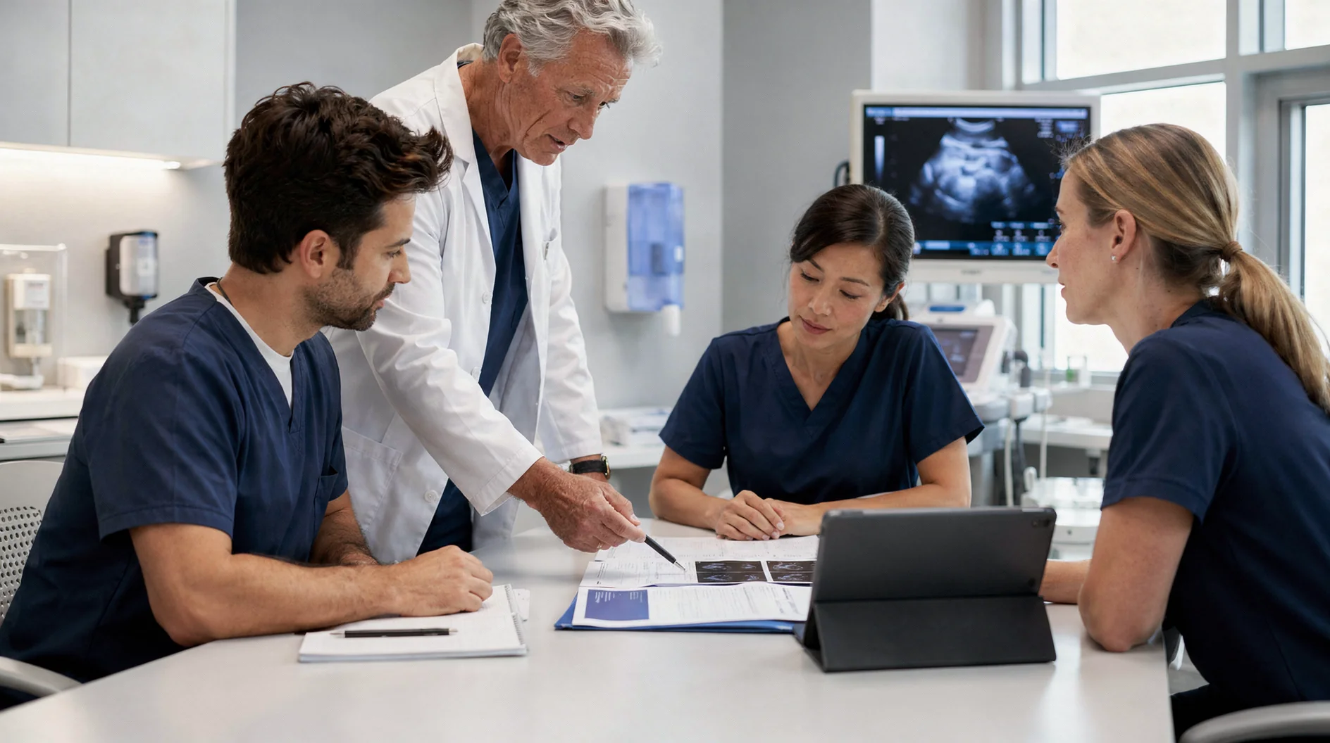 An experienced physician leading a thyroid MWA education session with a clinical care team beside an ultrasound display