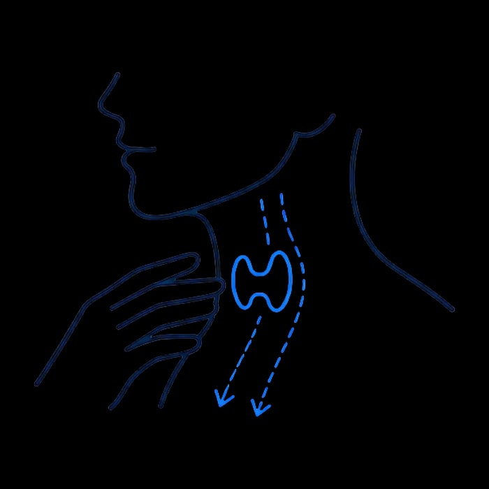 Soft line illustration of a hand resting at the throat during a swallowing motion