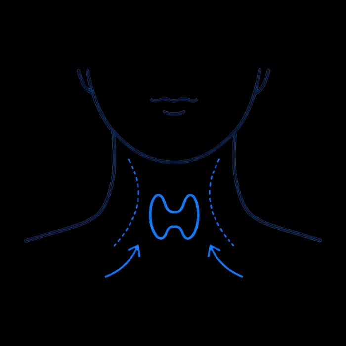 Soft line illustration of a neck with gentle airflow lines near the thyroid