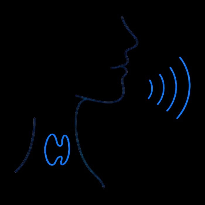 Soft line illustration of a side profile with light sound waves at the mouth