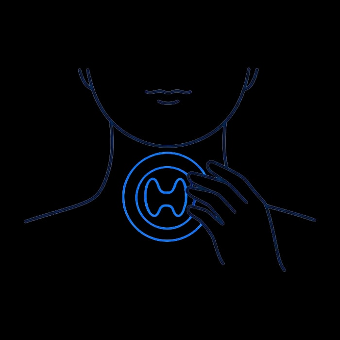 Soft line illustration of a hand pressing gently at the base of the neck