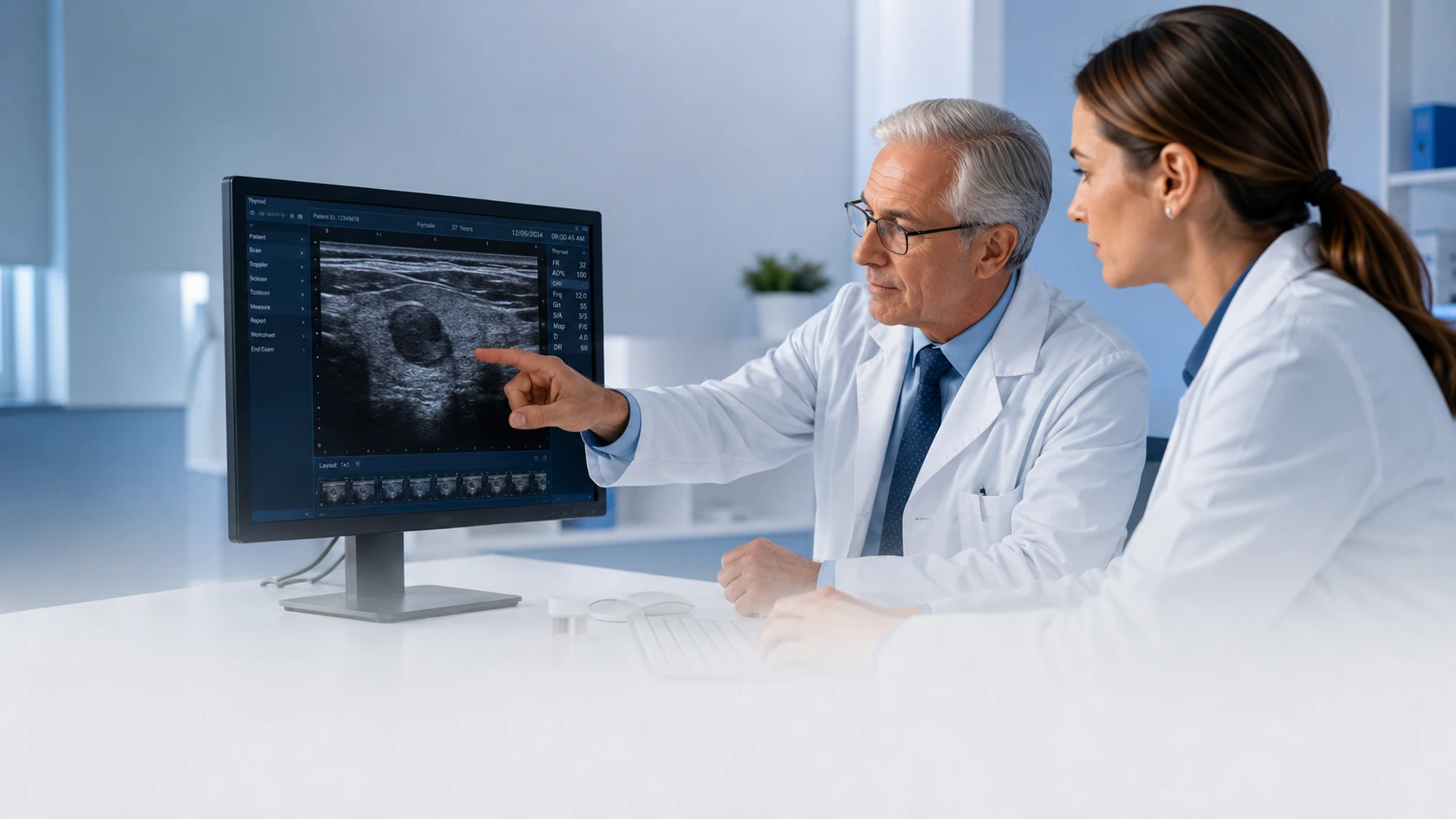 Two physicians reviewing a thyroid ultrasound study on a monitor in a clinical reading setting