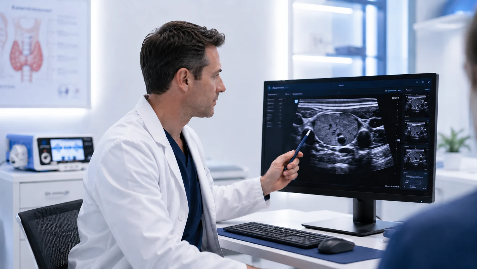 Physician reviewing a thyroid ultrasound study on a monitor in a clinical setting