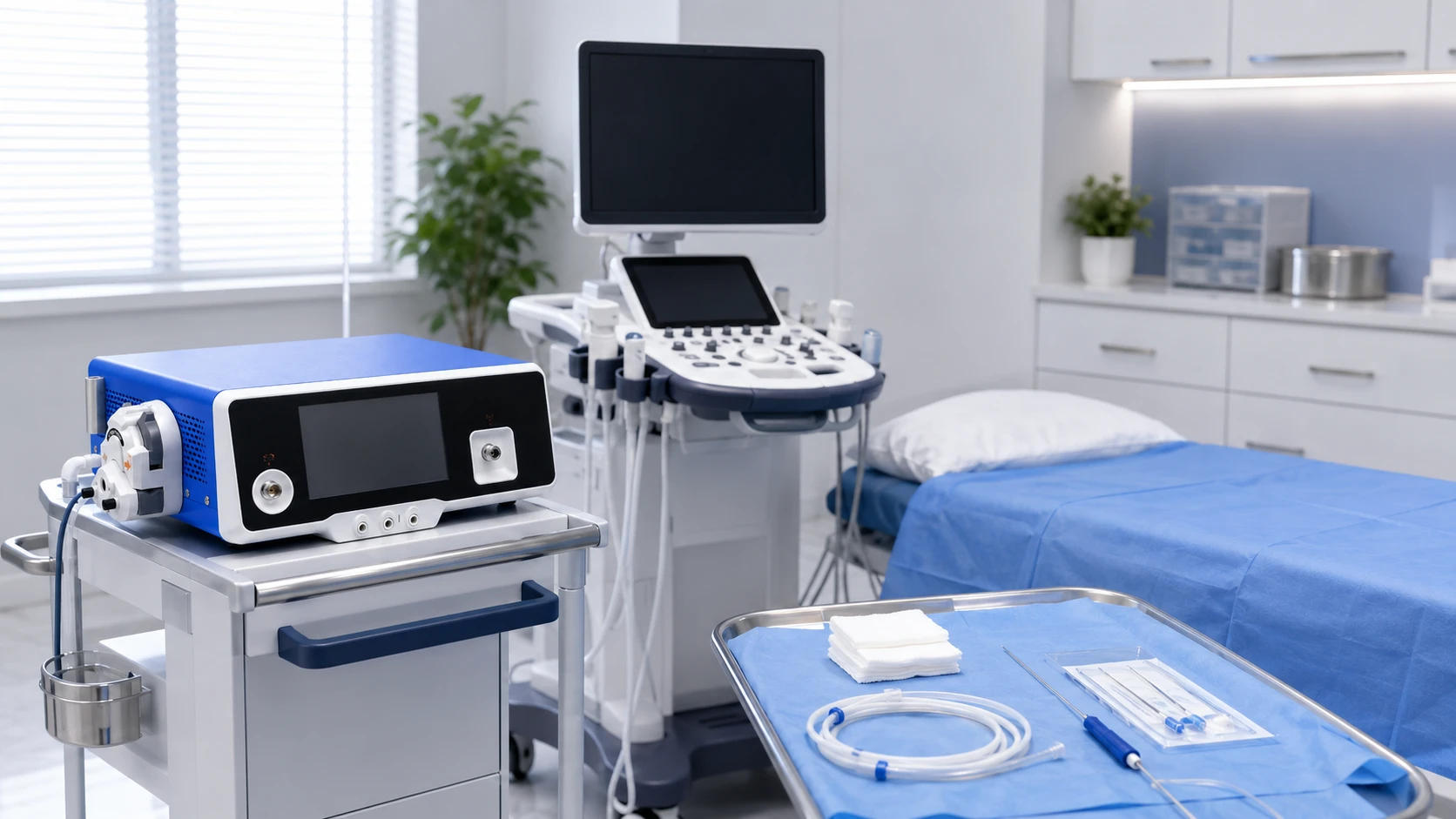 Procedure room prepared for thyroid MWA with ultrasound system, MWA generator, needle, and sterile setup